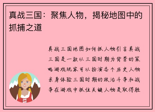 真战三国：聚焦人物，揭秘地图中的抓捕之道